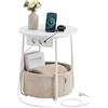 VASAGLE Tavolino, Tavolino Rotondo con Stazione di Ricarica e Cestino in Tessuto, Spazioso, per Soggiorno Camera da Letto, Comodino, Stile Moderno, Bianco Opaco e Marrone Cammello LET228W02