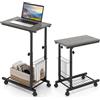 GYMAX Tavolino a Forma di C, Tavolino Regolabile in Altezza con Ruote, Tavolino da Divano con Ripiani Laterali e Inferiori in Rete, Tavolino da Caffè per Laptop, Riviste e Dessert (Grigio)