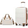 KONO set di 2 Valigia Bagaglio a Mano Rigida e Leggera ABS Trolley 55cm con 4 Ruote Rotanti e Lucchetto TSA & Borsa da Viaggio 40x20x25 Ryanair, Bianco Crema