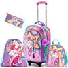 Meetbelify Zaino Trolley Ragazzi Set da 3 pezzi,Zaini con Ruote Scuola Elementare Guscio Fumetto Zaino Carrello con Borsa Pranzo Borsa per Penna per Bambini Studenti della 5-12