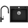 CECIPA Lavello da cucina in granito nero, 50 x 45 cm, 1 vasca con sifone integrato, rubinetto girevole a 360° in acciaio inox con doccetta estraibile