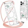 Yoedge Magnetica Cover con Cordino per iPhone 14 Pro Max 6,7 Compatibile con MagSafe, Custodia con Corda Collana Tracolla Laccio, Trasparente TPU Silicone Antiurto Case con Aesthetic Disegni 3-Fiori
