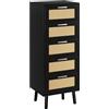 IBUYKE Cassettiera in rattan per camera da letto, Armadio con 5 cassetti, con Gambe in Legno di Pino,108.5 x 34 x 40 cm,per corridoio, ingresso, cameretta dei bambini,Nero WST010B