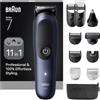Braun Trimmer All-in-One Series 7, Kit 11-in-1, Lama ProBlade, Tecnologia AutoSense, 120 Min Di Autonomia, Protezione SkinGuard, Barba Sfumata, Manico AquaGrip Pratico Subacqueo, AIO7540, Blu