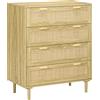 HOMCOM Cassettiera Mobile 4 Cassetti, Stile Boho in Legno e Rattan, al muro, per soggiorno, camera e ingresso, 90x45x108.5cm, Rovere|Aosom Italy