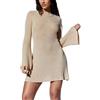 Alaurbeauty Mini abito da donna autunno a costine con maniche lunghe, schiena aperta, abito a contrasto/tinta unita, vestito aderente, marrone chiaro, S