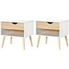 HOMCOM Set di 2 Comodini Moderni con Cassetto e Mensola, Base Rialzata e Gambe in Legno, 50x39x51cm, Bianco e Rovere