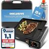 Z.M.C Fornello a gas a 1 luce, con adattatore per GPL + valigetta + piastra grill 33 x 26 x 4 cm + 8 cartucce a gas da 227 g, fornello da campeggio con accensione piezoelettrica