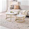 GrandCA HOME Set di 2 Tavolini Rotondi da Caffè, Tavolini Impilabili Moderni per il Soggiorno, Struttura in Metallo Dorato, 50 cm e 70 cm, Realizzati in Marmo Bianco e Pietra Sinterizzata