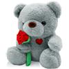 QIGEEKU Orsacchiotto con rosa da 25 cm, orso di peluche, regalo per la festa della mamma, dolce giocattolo di orso di stoffa come regalo per mamma, fidanzata, bambini per San Valentino, compleanno, festa