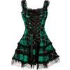 MENGQING Vintage Plaid Bandage Gotico Donne A-line Abiti Grunge Estetico Pizzo Trim Patchwork Mini Abito Punk Sexy-Verde, S