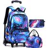 HTgroce Zaino Trolley Scuola Elementare Impermeabile Zaino con Ruote,Zaino Trolley Sganciabile Borse per Scuola con Borsa Porta Pranzo Astuccio 3 in 1 Zaino Trolley.