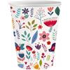 Bicchiere di carta con motivi floreali e di uccellini, bianco - 250 ml, 6 pezzi