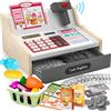 maysida Cassa Giocattolo in Legno con Scanner e Suoni per Bambini 3-5 Anni, Set Negozio con Monete, Carte, Carrello e Cibo Natale o Compleanno