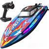 DEERC Barca Telecomandata veloce per piscina e lago con luce LED, 20+MPH, 40+ Mins, motoscafo da corsa telecomandato autoraddrizzante per bambini, giocattolo acquatico estivo a 2,4 GHz