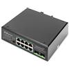 DIGITUS Switch di rete industriale a 10 porte Gigabit PoE - 8x RJ45 + 2x Gigabit SFP uplink - non gestito - montaggio su guida DIN - 10/100/1000 Mbit/s - nero
