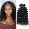 WENYAN Deep Wave Bundles Human Hair Bundles Double Weft Weave Wavy Curly Hair Bundles 100% Unprocessed Virgin Weave Bundles Human Hair 3 Bundles Natural Black Color total 210g (10 12 14 inch)