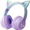 DISPRA Cuffie con orecchie di gatto, cuffie wireless per bambini, con orecchie di gatto, cuffie wireless per gioco, cuffie wireless con colore sfumato con microfono e luce LED, per casa e scuola
