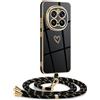Mkej Cover per Honor Magic 7 Pro con cordino, Placcatura Silicone Cuore amore Custodia con Cordino, con Regolabile Staccabile laccio Case per Honor Magic 7 Pro, Oro nero