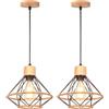 TOKIUS 2 pezzi Lampada a Sospensione E27 Industriale Plafoniera Retro in Metallo e Legno Ø220mm Lampadario in Corda di Canapa design per Cucina Salotto (C-L-220mm-2)