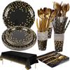 BNWRRCVKE 20 Persone 161 pz Stoviglie per Feste,oro nero Stoviglie Compleanno Bambina Piatti e Bicchieri per Feste di Compleanno Con Tovaglioli,Cannucce cucchiaiodi di legno forchetta di legno