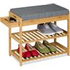 Relaxdays Panca Scarpiera per Ingresso, 2 Ripiani Portascarpe, Cuscino e Cassetto, 49x55x30cm, bambù, Naturale Grigio