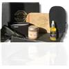 Luxycosy Cofanetto cura viaggio sapone nero olio di argan idratazione capelli viso guanto e gratta schiena kessa esfoliante corpo astuccio da toilette beige benessere idea regalo originale donna set 4 pezzi