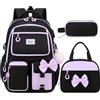 Bevalsa Zaino per la scuola, per ragazze, adolescenti, con borsa per il pranzo e astuccio, con fiocco, per il tempo libero, grande, impermeabile, zaino per la scuola, per bambini e donne, nero/viola