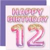 Stuff4 Biglietto di auguri il 12° compleanno ragazze con palloncini glitterati rosa e viola biglietti di auguri 12 anni figlia sorella nipote cugina 145mm dodicesimo