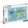 Clementoni - Puzzle per Bambini 60 Pezzi Supercolor, per Bambini 4+ Anni, Illustrazione Animali Wildlife Map, Idea Regalo, Made in Italy, 62x42 cm, 26072