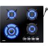WEHIMO Piano Cottura a Gas 4 Fuochi da Incasso, 60cm, 7800W, Protezione Flame-Out, Gas Naturale/Propano/Butano, Vetro Nero