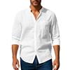 Volemo Camicia in lino, da uomo, a maniche lunghe, senza collo, per il tempo libero, estiva, spiaggia, vestibilità regolare, bianco, L