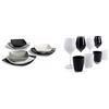 Excelsa Eclipse Servizio Piatti Quadrati 18 Pezzi, Ceramica, Bianco, Nero e Grigio & Color Wine Set Calici e Bicchieri, Vetro, Bianco e Nero, 8 Unità