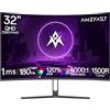Amzfast Monitor Gaming Curvo 32 Pollici - QHD 2560x1440, 180Hz, 1ms MPRT, Adaptive Sync, Pannello VA 1500R, sRGB 120% / DCI-P3 90%, HDMI 2.0 + DP 1.2, VESA 75x75, Supporto Metallico, AMZG32C3Q