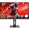 Gawfolk Schermo PC IPS da 27 pollici, Monitor Gaming 4K 144Hz, 1ms, FreeSync, 128% sRGB, Angolo di Visualizzazione 178°, HDMI 2.1, DisplayPort, Regolabile in Altezza e Girevole, VESA75x75MM - Nero