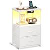 Coleshome Comodino Camera da Letto Bianco, con 2 Prese USB e 1 Presa di Corrente e Luci a LED, Comodini con 2 Cassetti in Tessuto e 1 Vano Portaoggetti, 40 * 30 * 60cm, Confezione da 1