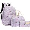 Kouxunt Zaini per la scuola per ragazze e adolescenti, set 3 in 1 con borsa per il pranzo e astuccio per matite, Gatto Viola, Large