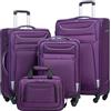 COOLIFE Valigia Trolley da Viaggio, 4 Ruote, Bagaglio a Mano con Serratura TSA, Borsa a Tracolla (Viola+Argento, Set da 4 Pezzi)