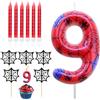 BONHHC Candeline Compleanno Numeri 9, Candeline Ragno 9 Anno 3D, Candele Compleanno Numeri Rosso con 6 Candele Sottili Caketopper, Candele Torta Numero per Feste di Tema e Compleanni
