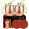 LIVEHITOP Set 2 Bicchieri Moscow Mule, 19.5 Oz Rame Tazza con 2 Sottobicchieri, 2 Cannucce, Jigger e Spazzola Paglia, Regalo per Lui e per Lei per Casa, Bar, Feste