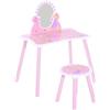 Easycomfort Toeletta per Bambini con Sgabello in Legno, Tavolo Trucco con Specchio Moderno e Cassetto, 59L x 39P x 77A cm, Rosa