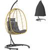EasyComfort Poltrona Sospesa e Pieghevole con Cuscini, in Acciaio e Rattan PE, 102x102x195 cm, Nera Grigia e Beige