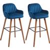 EasyComfort Set 2 Sgabelli da Bar Moderni in Velluto con Schienale e Braccioli, Base in Legno e Poggiapiedi, Blu Scuro