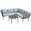 EasyComfort Set da Giardino 4 Pezzi in Rattan con Tavolino da Caffè, 2 Divani ad Angolo e Poltroncina, Nero Grigio e Blu