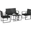EasyComfort Set da Giardino con 2 Sedie, Divanetto e 2 Tavolini con Cuscini e Piano in Vetro, Nero