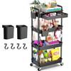Yeabett Carrello portaoggetti a 4 ripiani con cassetto, carrello multiuso con ripiano in plastica e ruote bloccabili, carrello portaoggetti multifunzionale per cucina, bagno, ufficio, soggiorno, nero