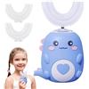 JOPWUE Spazzolino da denti elettrico a ultrasuoni a 360º, con 2 testine in silicone a forma di U, spazzolino automatico con LED e luce effetto dinosauro, per bambini dai 2 ai 12 anni (blu)