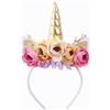 Nishine Cerchietto per capelli con corno di unicorno glitterato, con camelia, fascia per capelli con fiore, tiara per feste di compleanno (oro e rosa)