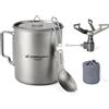 Odoland Pentola in titanio, 750 ml, mini fornello in titanio ultra leggero da 1900 W, tazza da caffè in titanio da campeggio con coperchio e forchetta, manico pieghevole per campeggio, escursionismo,