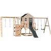 Wendi Toys M28G-G - Casetta in legno per bambini con scivolo, attacco da palestra e doppie altalene, 340 x 560 x 242 cm, colore grigio, struttura per giochi all'aperto sicura e resistente per bambini